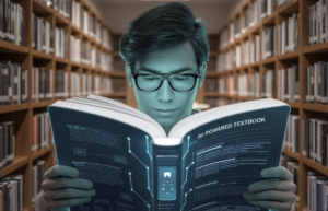 image of a student in a library looking at an ai-powered textbook